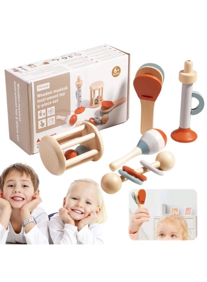 Wooden Baby Hand Grip Bells Rattles Musical Instruments Toddler Early Learning Pacifying Bed Bells Toys - 5 Pcs/Set - Image 2