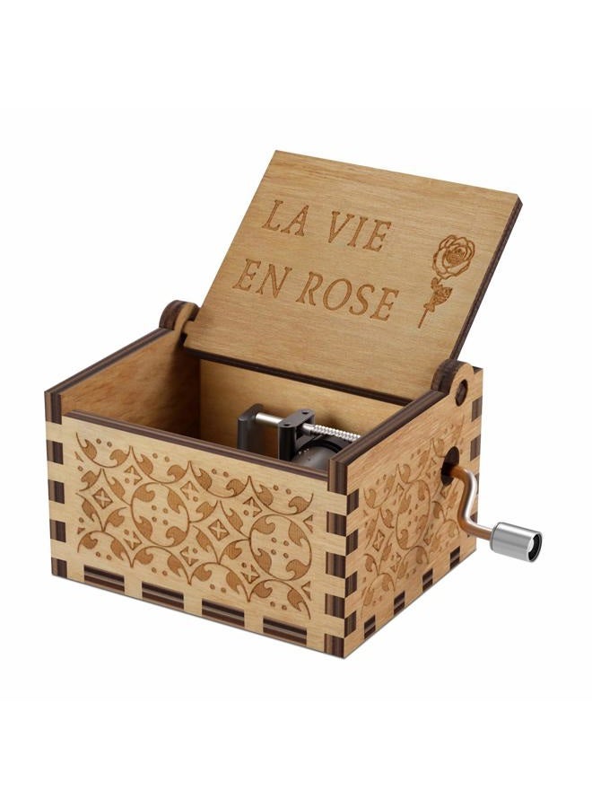 Huntmic Wood La Vie En Rose Music Boxes,Carved Hand Crank Musical Box Wooden Classic Handmade Engraved Valentines Birthday Gift for Kids Boys Girls Friends (Wood-La Vie En Rose) - Image 1