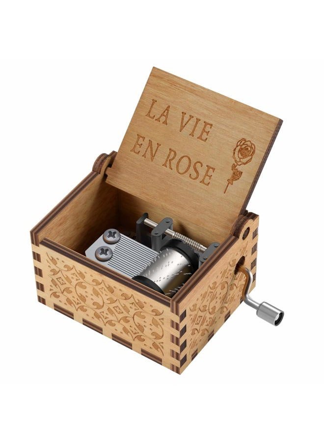 Huntmic Wood La Vie En Rose Music Boxes,Carved Hand Crank Musical Box Wooden Classic Handmade Engraved Valentines Birthday Gift for Kids Boys Girls Friends (Wood-La Vie En Rose) - Image 2