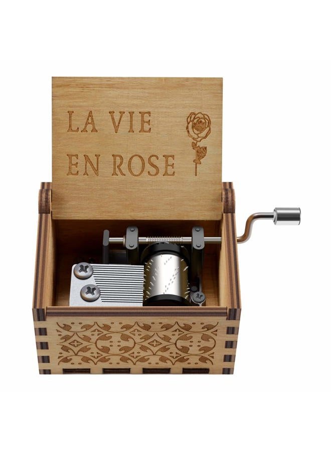 Huntmic Wood La Vie En Rose Music Boxes,Carved Hand Crank Musical Box Wooden Classic Handmade Engraved Valentines Birthday Gift for Kids Boys Girls Friends (Wood-La Vie En Rose) - Image 3