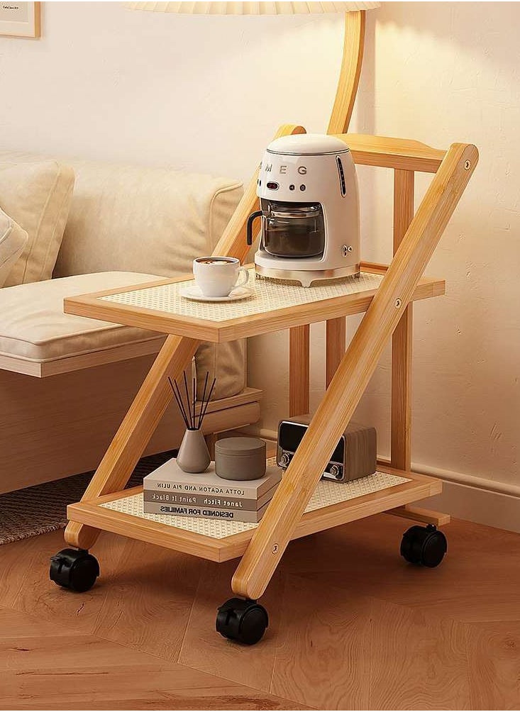 LINGWEI - Bamboo Serving Cart Kitchen Trolly with Plastic Shelf Wooden Serving Cart with Movable Wheels For Home Kitchen 2 Tier Kitchen Storage Rack Food Serving Trolly - Image 1