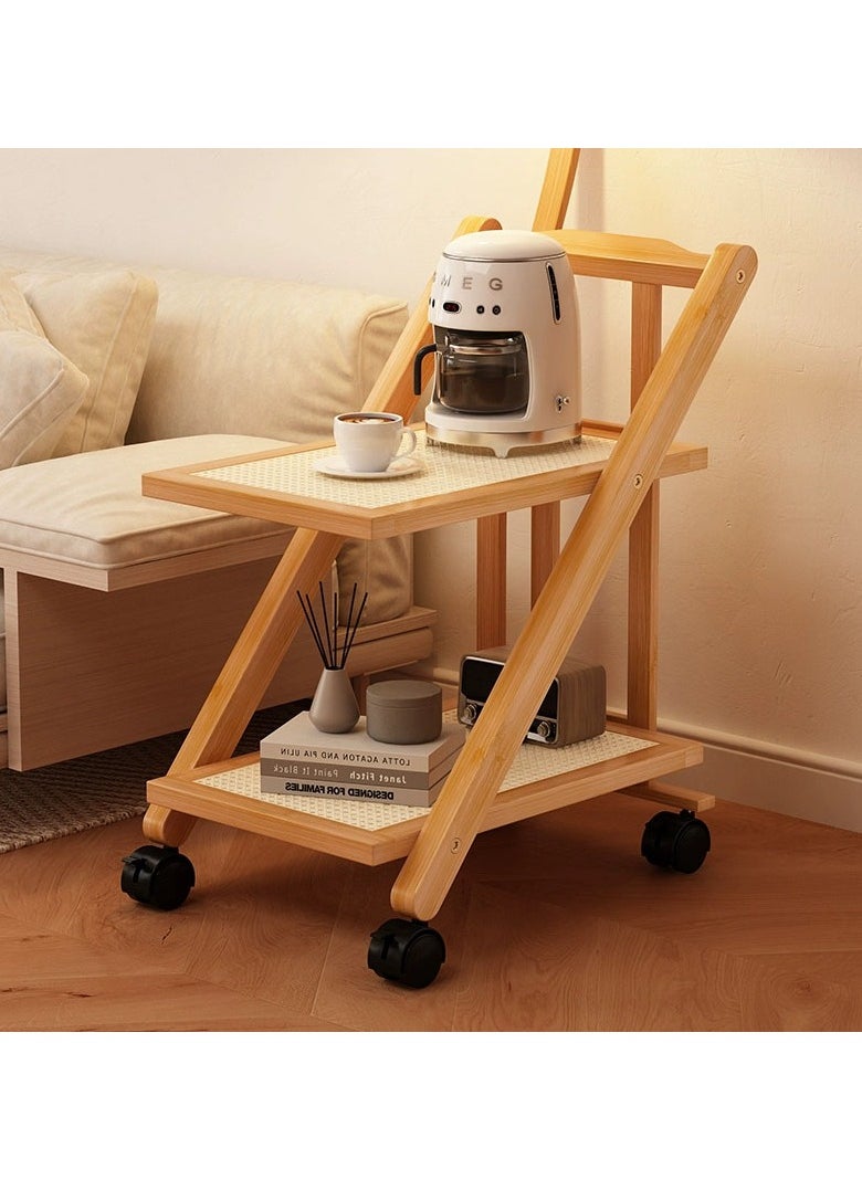 LINGWEI - Bamboo Serving Cart Kitchen Trolly with Plastic Shelf Wooden Serving Cart with Movable Wheels For Home Kitchen 2 Tier Kitchen Storage Rack Food Serving Trolly - Image 1