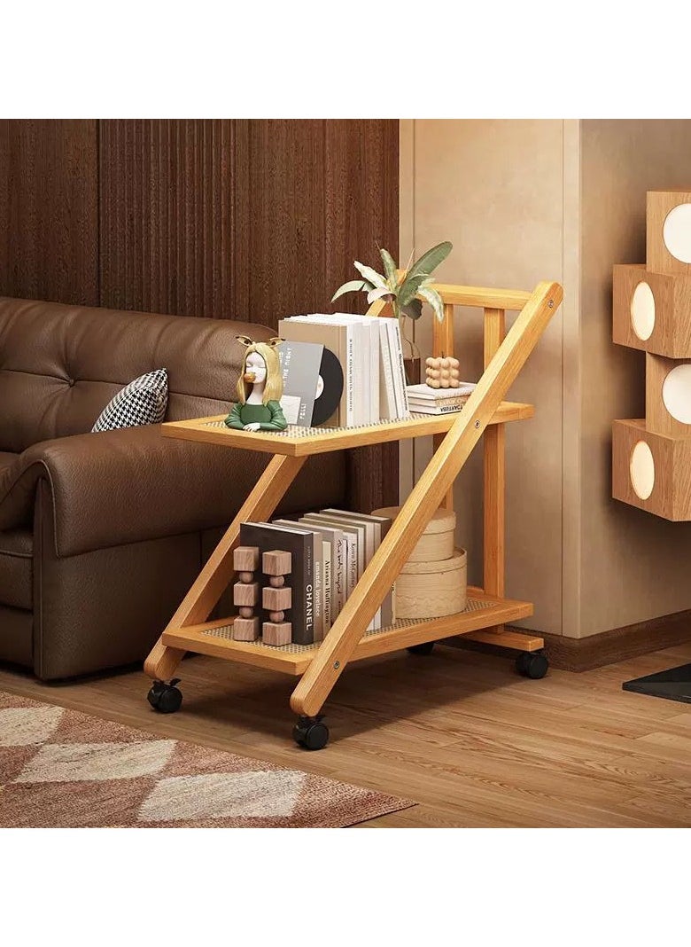 LINGWEI - Bamboo Serving Cart Kitchen Trolly with Plastic Shelf Wooden Serving Cart with Movable Wheels For Home Kitchen 2 Tier Kitchen Storage Rack Food Serving Trolly - Image 1