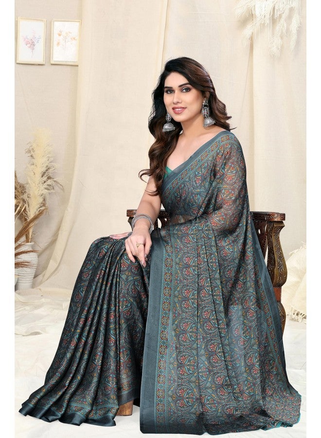 MIRCHI FASHION MIRCHI FASHION Chiffon Georgette Kalamkari Printed Sarees for Women with Blouse Piece (40845-Dark Grey)  - Image 2