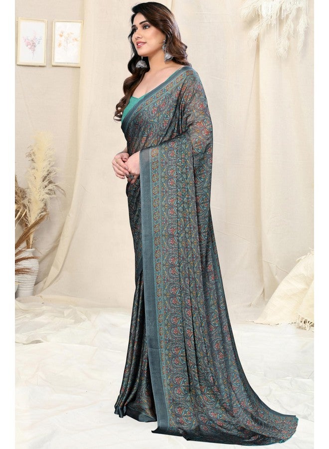 MIRCHI FASHION MIRCHI FASHION Chiffon Georgette Kalamkari Printed Sarees for Women with Blouse Piece (40845-Dark Grey)  - Image 4