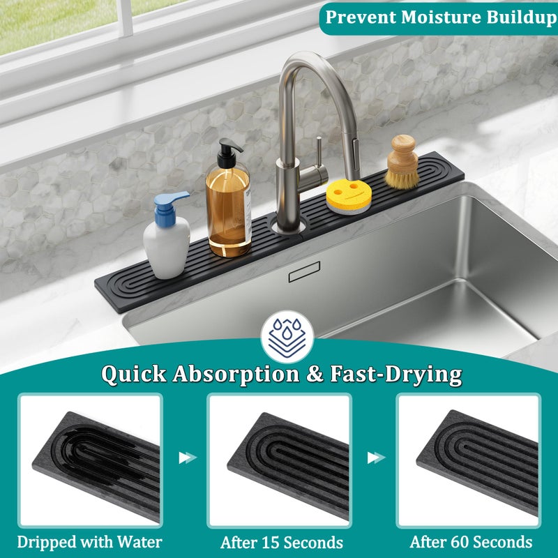 MAGKOTA Stone Faucet Mat for Kitchen Sink - Quick Dry Diatomite Sink Splash Guard, Prevents Moisture Buildup & Water Stains, Water Absorbing Stone Tray for Bathroom Countertop (Dark Gray, 23.6" x 4") - Image 4