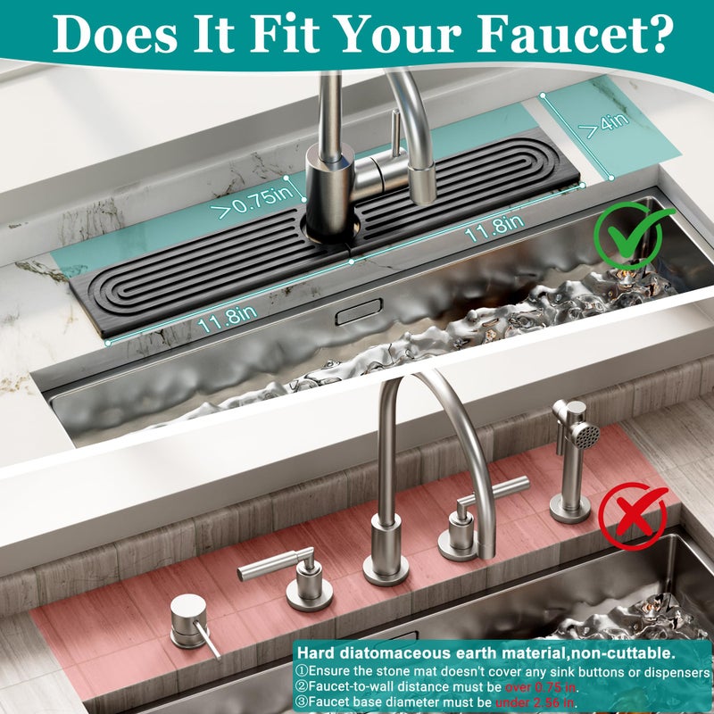 MAGKOTA Stone Faucet Mat for Kitchen Sink - Quick Dry Diatomite Sink Splash Guard, Prevents Moisture Buildup & Water Stains, Water Absorbing Stone Tray for Bathroom Countertop (Dark Gray, 23.6" x 4") - Image 2