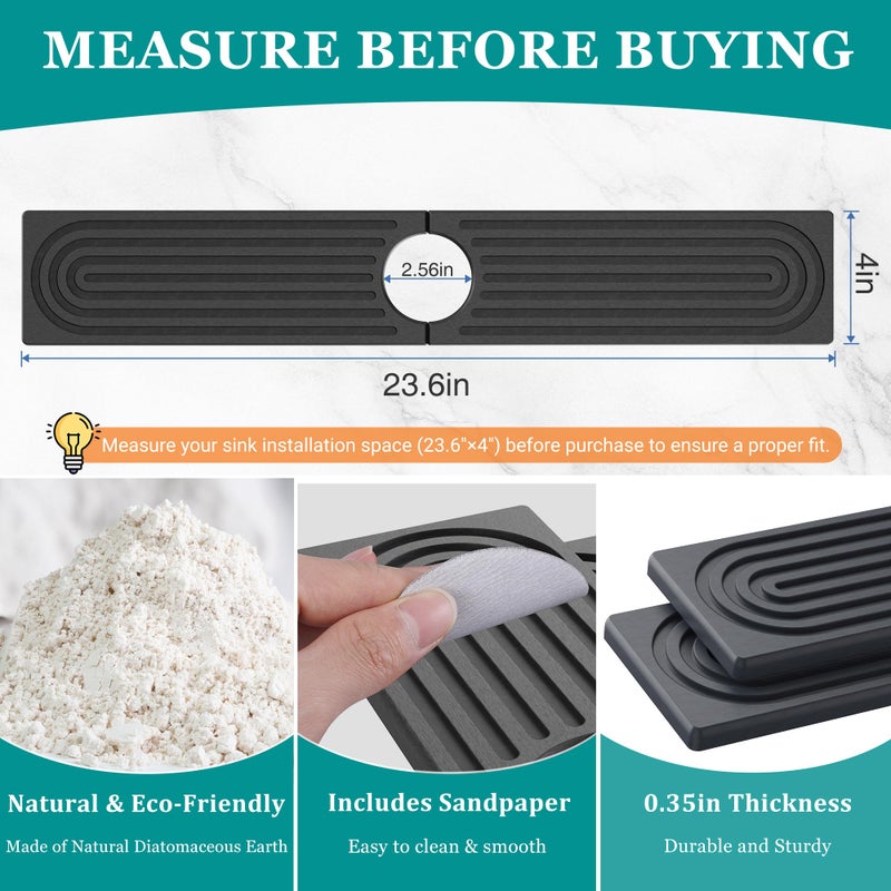 MAGKOTA Stone Faucet Mat for Kitchen Sink - Quick Dry Diatomite Sink Splash Guard, Prevents Moisture Buildup & Water Stains, Water Absorbing Stone Tray for Bathroom Countertop (Dark Gray, 23.6" x 4") - Image 3