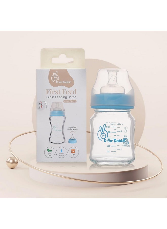R for Rabbit First Feed Baby Glass Feeding Bottle 120Ml With Anti-Colic Wide Neck, Bpa Free Soft Silicone Nipple, Milk Feeder For New Born/Infants/Toddler Kids Of 0+ Months (Lake Blue)  - Image 1