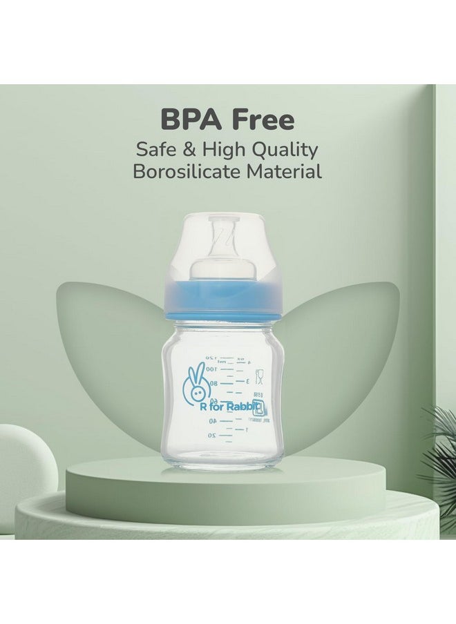R for Rabbit First Feed Baby Glass Feeding Bottle 120Ml With Anti-Colic Wide Neck, Bpa Free Soft Silicone Nipple, Milk Feeder For New Born/Infants/Toddler Kids Of 0+ Months (Lake Blue)  - Image 2