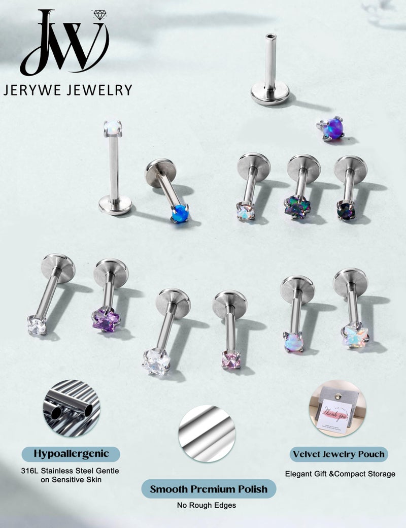JeryWe Hypoallergenic Nose Studs for Women - 316L Surgical Steel Nose Rings Studs Internally Threaded CZ Flat Back Stud Earrings Labret Stud Lip Tragus Helix Cartilage Piercing Jewelry Silver Colorful 18G - Image 2