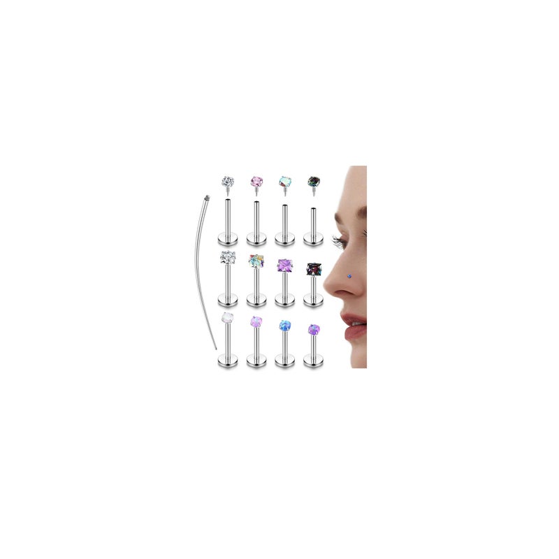 JeryWe Hypoallergenic Nose Studs for Women - 316L Surgical Steel Nose Rings Studs Internally Threaded CZ Flat Back Stud Earrings Labret Stud Lip Tragus Helix Cartilage Piercing Jewelry Silver Colorful 18G - Image 1