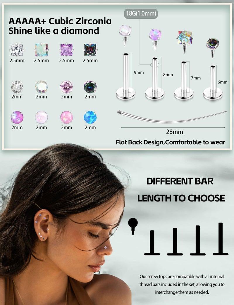 JeryWe Hypoallergenic Nose Studs for Women - 316L Surgical Steel Nose Rings Studs Internally Threaded CZ Flat Back Stud Earrings Labret Stud Lip Tragus Helix Cartilage Piercing Jewelry Silver Colorful 18G - Image 4