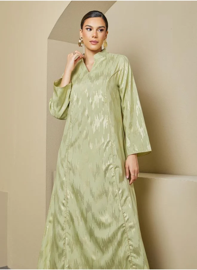 Styli Foil Pattern Print A-Line Jalabiya with Stand Collar