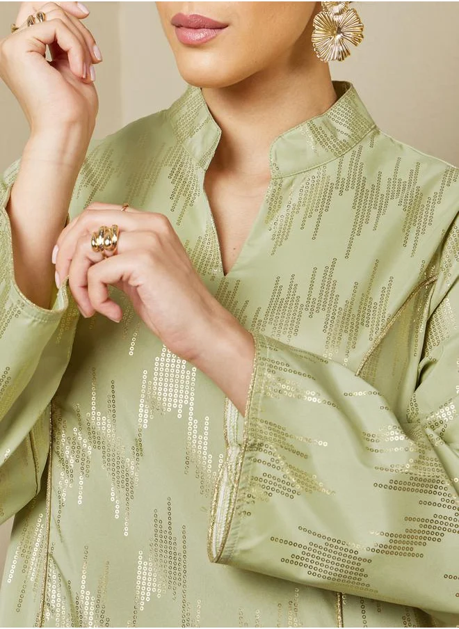Styli Foil Pattern Print A-Line Jalabiya with Stand Collar