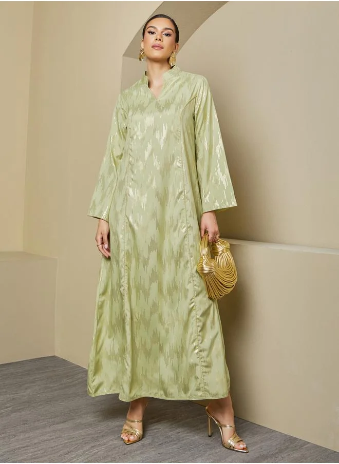 Styli Foil Pattern Print A-Line Jalabiya with Stand Collar