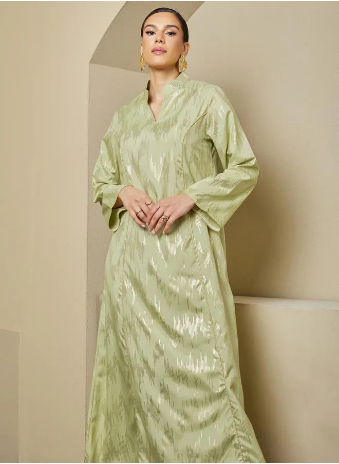 Styli Foil Pattern Print A-Line Jalabiya with Stand Collar