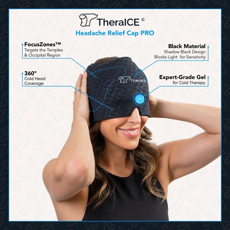 TheraICE غطاء تخفيف الصداع ثيرا آيس برو، غطاء تخفيف الصداع، قناع وجه بارد، لفافة ضغط باردة لتخفيف صداع التوتر، الإجهاد والصداع الناتج عن الكحول، تقنية فوكوس زون توفر تبريدًا وضغطًا إضافيًا - Image 2