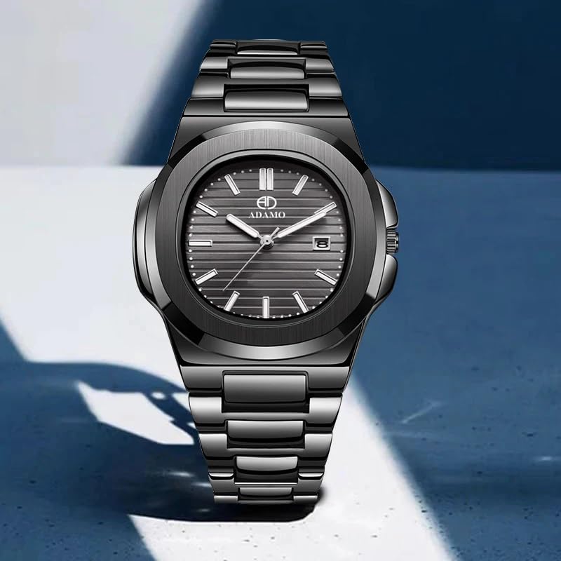 ADAMO Quartz Analog Black Square Shape Date Dial with Blackl Stainless Steel Strap Watch for Men-891NNM02 - Image 3
