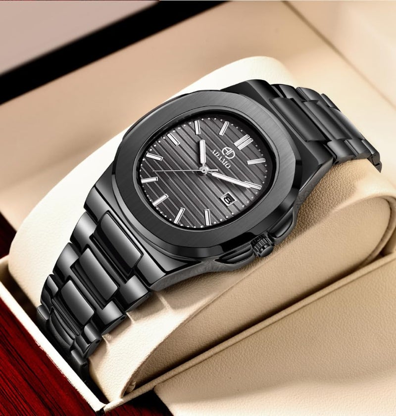 ADAMO Quartz Analog Black Square Shape Date Dial with Blackl Stainless Steel Strap Watch for Men-891NNM02 - Image 5
