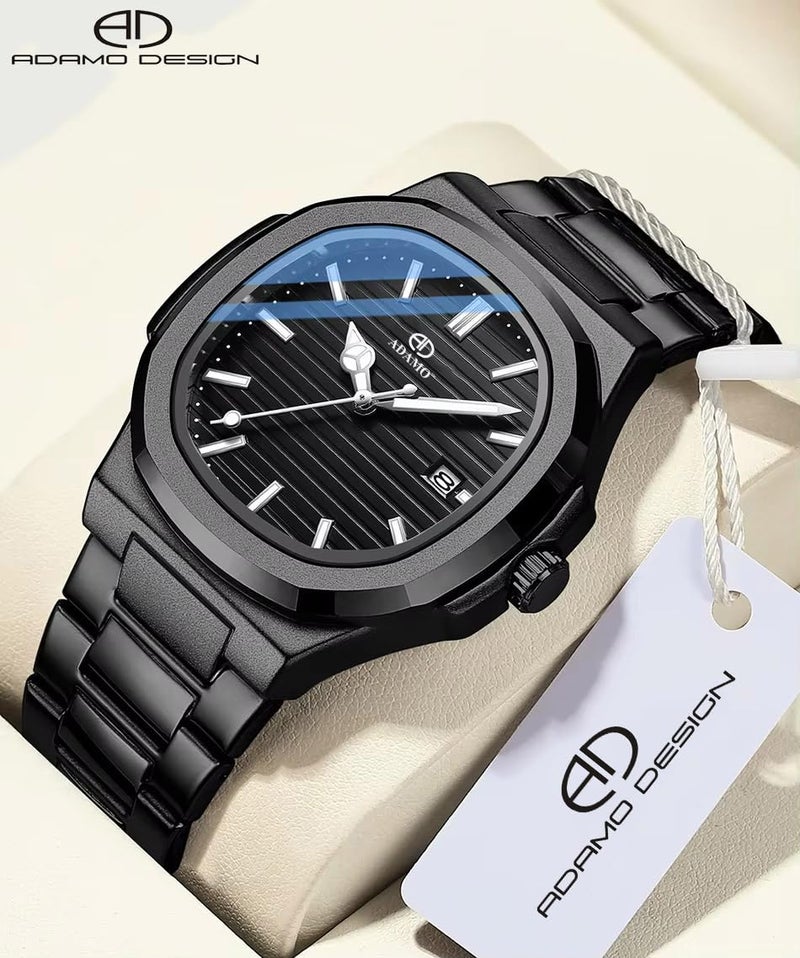 ADAMO Quartz Analog Black Square Shape Date Dial with Blackl Stainless Steel Strap Watch for Men-891NNM02 - Image 4