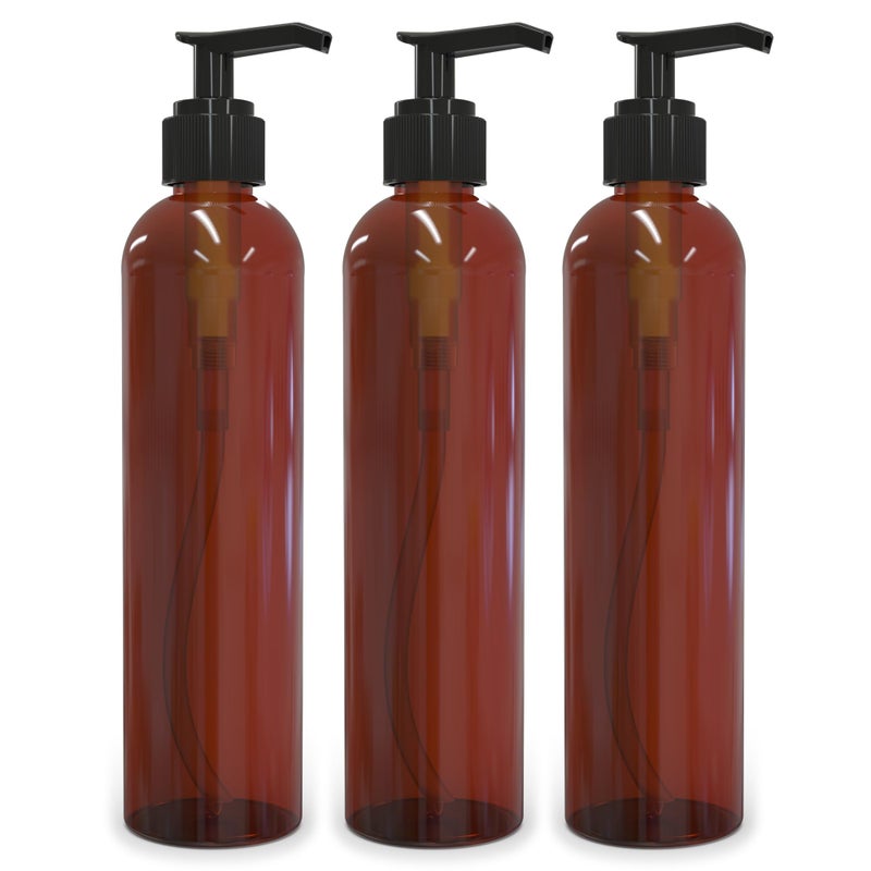 BRIGHTFROM Lotion Pump Bottles, Empty 8 OZ, BPA-Free Refillable Plastic Containers, Amber with Black Dispenser for - Soap, Shampoo, Lotions, Liquid Body Soap, Creams and Massage Oil (3 PACK) - Image 1