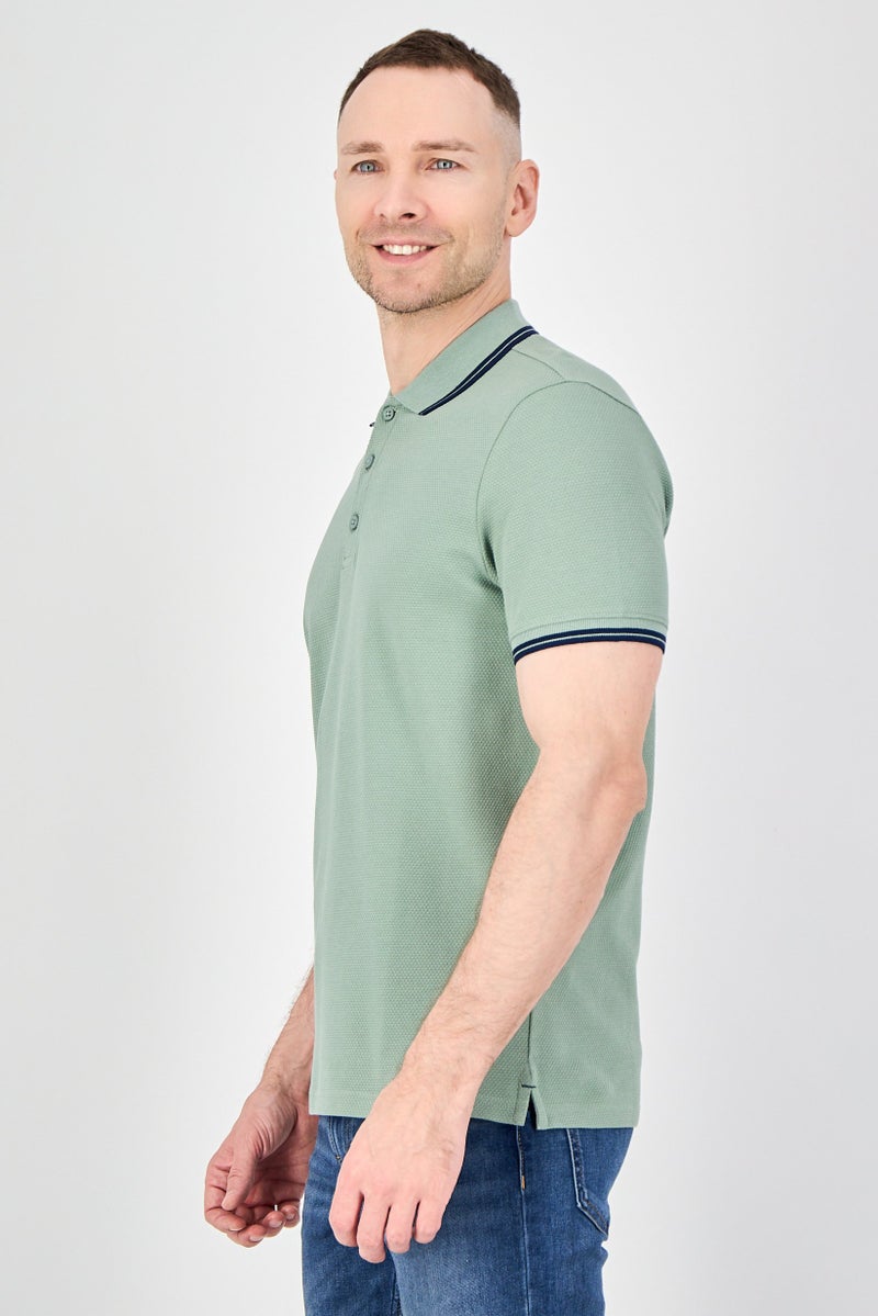 Report Collection Men Regular Fit Textured Short Sleeve Polo Shirt, Green - Image 2