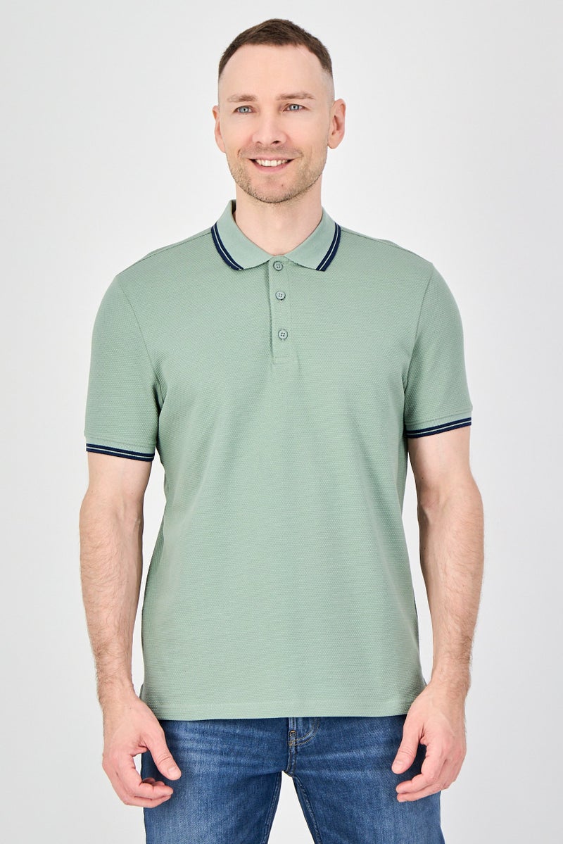 Report Collection Men Regular Fit Textured Short Sleeve Polo Shirt, Green - Image 1