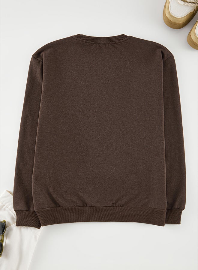 trendyol Brown 100% Cotton Regular Cut City Embroidered Crew Neck Sweatshirt - Image 4