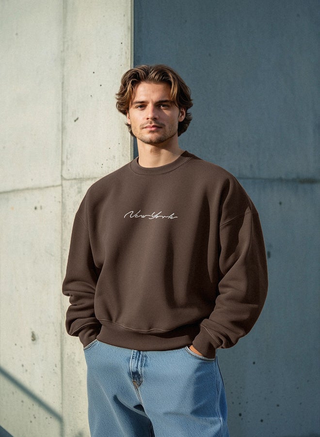 trendyol Brown 100% Cotton Regular Cut City Embroidered Crew Neck Sweatshirt - Image 1