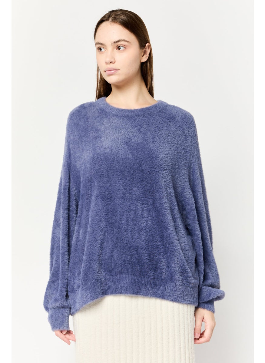 Aerie Women Crew Neck Fuzzy Sweater, Purple  - Image 1