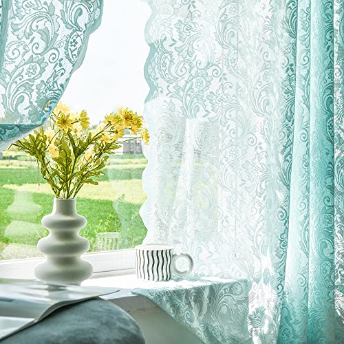 ALIGOGO Mint Green Curtains for Bedroom - Lace Sheer Seafoam Aqua Curtains 63 Inches Length for Baby Girl Bedroom, Rod Pocket Ocean Coastal Beach Summer Decor 52 W x 63 L, 1 Pair, Aqua - Image 2