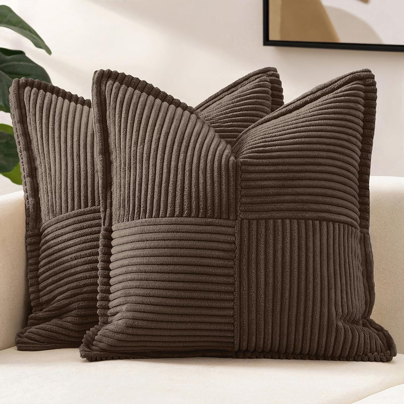 MIULEE Decorative Throw Pillow Covers for Couch Bed Livingroom 18x18 Inch Set of 2 Dark Brown Boho Accent Throw Pllows Broadside Striped Patchwork Soft Corduroy Pillowcases - Image 1