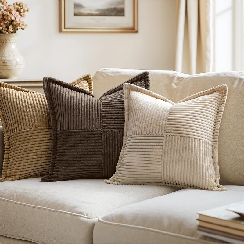 MIULEE Decorative Throw Pillow Covers for Couch Bed Livingroom 18x18 Inch Set of 2 Dark Brown Boho Accent Throw Pllows Broadside Striped Patchwork Soft Corduroy Pillowcases - Image 2