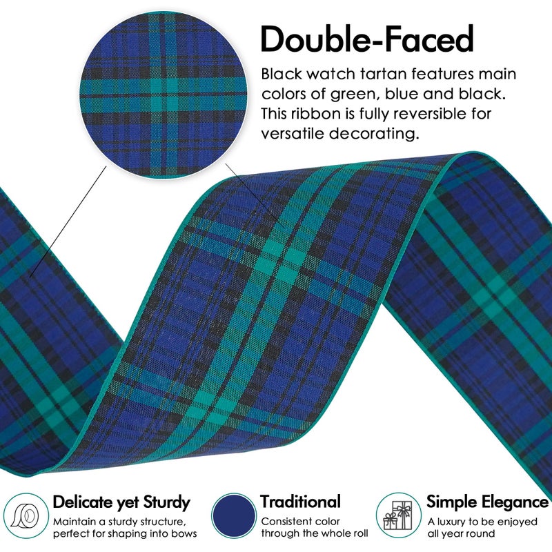 MEEDEE Black Watch Tartan Ribbon 2.5 inch with 25 Yards Gingham Check in Green, Blue and Black Scottish Plaid Polyester Ribbon for Christmas Tree, Wreaths, Bows, Gift Wrap, Weddings, Holiday Crafts - Image 3