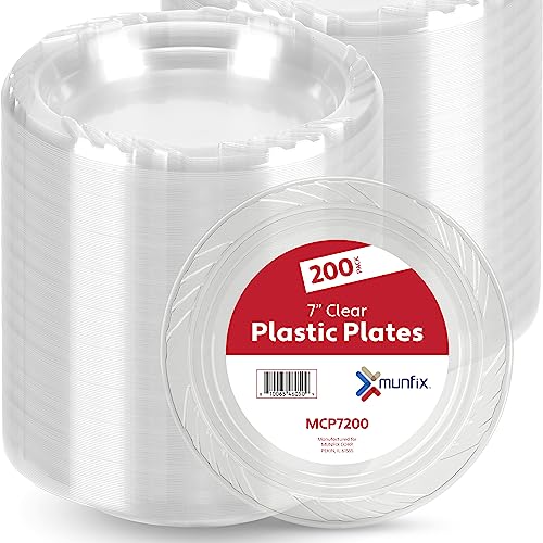 Munfix 200 Clear Plastic Plates Set - 7 Inch Disposable Dessert/Salad Plates, Bulk Pack for Party BBQ, Picnic, Parties, Travel and Events, Microwavable Recyclable - Image 1