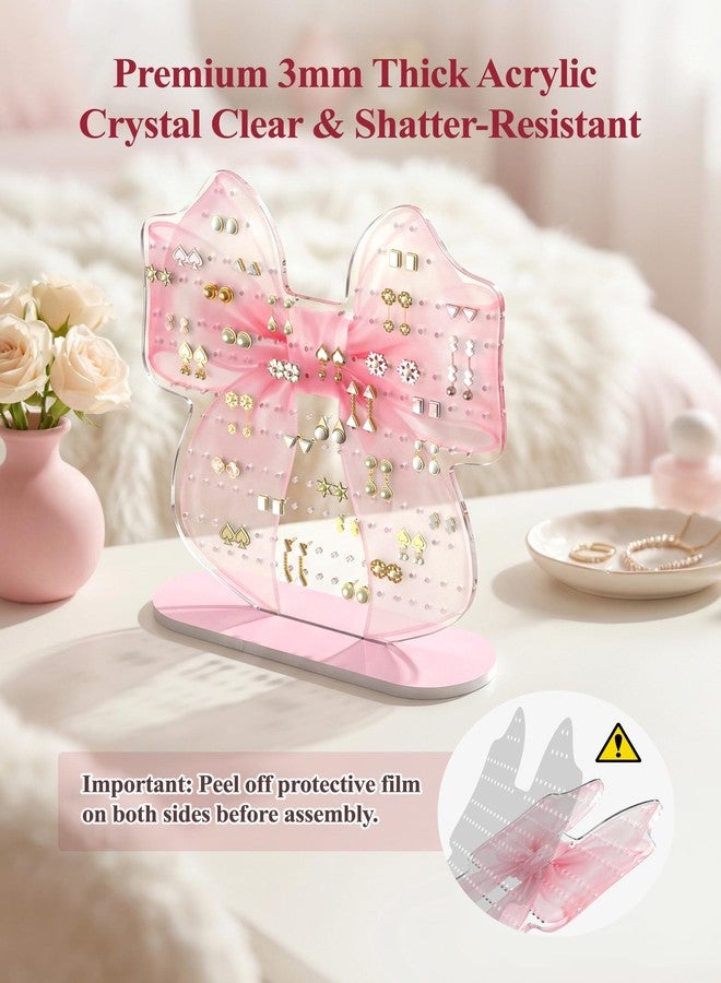 NiHome Pink Bow Acrylic Earring Holder Stand - 202 Holes Organizer for 80-101 Pairs, Jewelry Display Rack with Printed Bow Design, Preppy Room Decor, Bow Decor, Anti-Slip Pads & Glue Accessories - Image 3