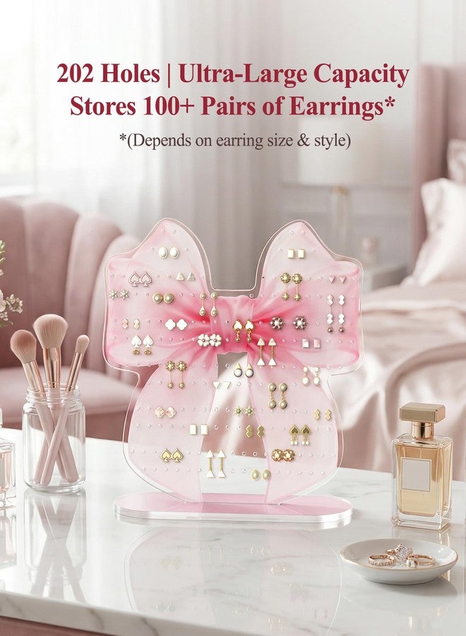 NiHome Pink Bow Acrylic Earring Holder Stand - 202 Holes Organizer for 80-101 Pairs, Jewelry Display Rack with Printed Bow Design, Preppy Room Decor, Bow Decor, Anti-Slip Pads & Glue Accessories - Image 2