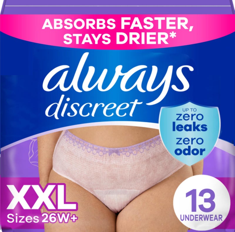 Always Discreet Adult Incontinence Underwear for Women and Postpartum Underwear XXL Up to 100 Bladder Leak Protection 13 Count