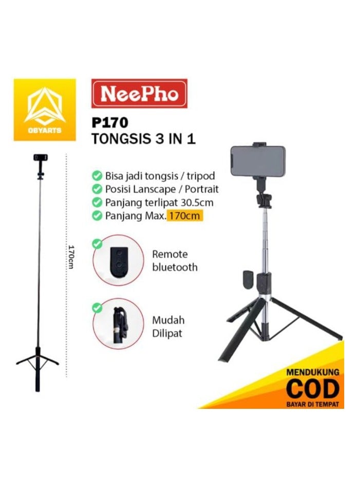 ني فو حامل ثلاثي القوائم وعصا سيلفي يعمل بالبلوتوث وجهاز تحكم عن بعد بارتفاع قابل للتعديل لسطح المكتب محمول للاستخدام الداخلي والخارجي والأعياد والتخييم من كوفرزون، موديل P170، أزرق - Image 1