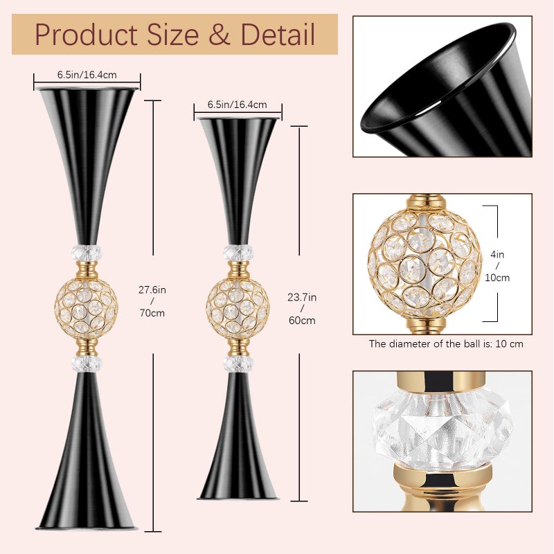 VIJIV Black Tall Crystal Flower Vases for Centerpiece - 28'' Large Trumpet Vase for Bouquet Skinny Decorative, Floor Vase Flower Stand for Party Event, Dining Table DÃ©cor, Bridal Shower, Wedding - Image 3