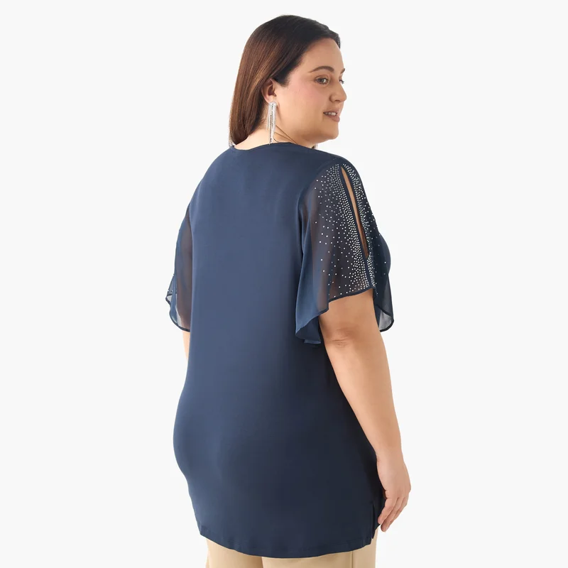 أولا بوبكن Plus Size Ulla Popken Embellished V-neck Top with Short Slit Sleeves