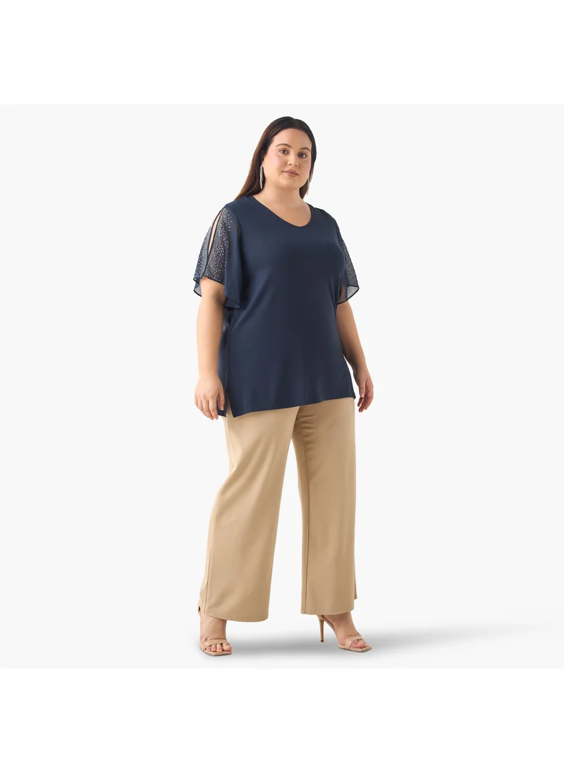 Ulla Popken Plus Size Ulla Popken Embellished V-neck Top with Short Slit Sleeves
