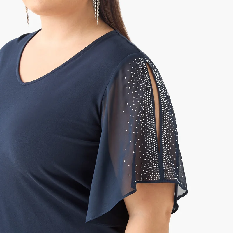  أولا بوبكن Plus Size Ulla Popken Embellished V-neck Top with Short Slit Sleeves