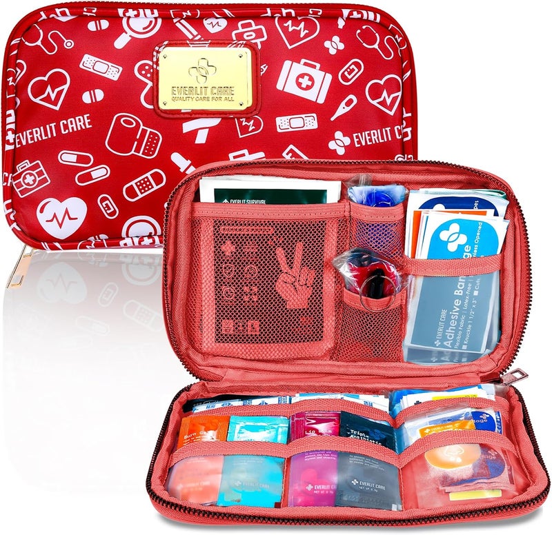 EVERLIT CARE Car First Aid Kit with Emergency Supplies Survival Gear Including Window Breaker Disposable Urine Bag Mountable Survival Kit for Family Travel in Car RedMed - Image 1