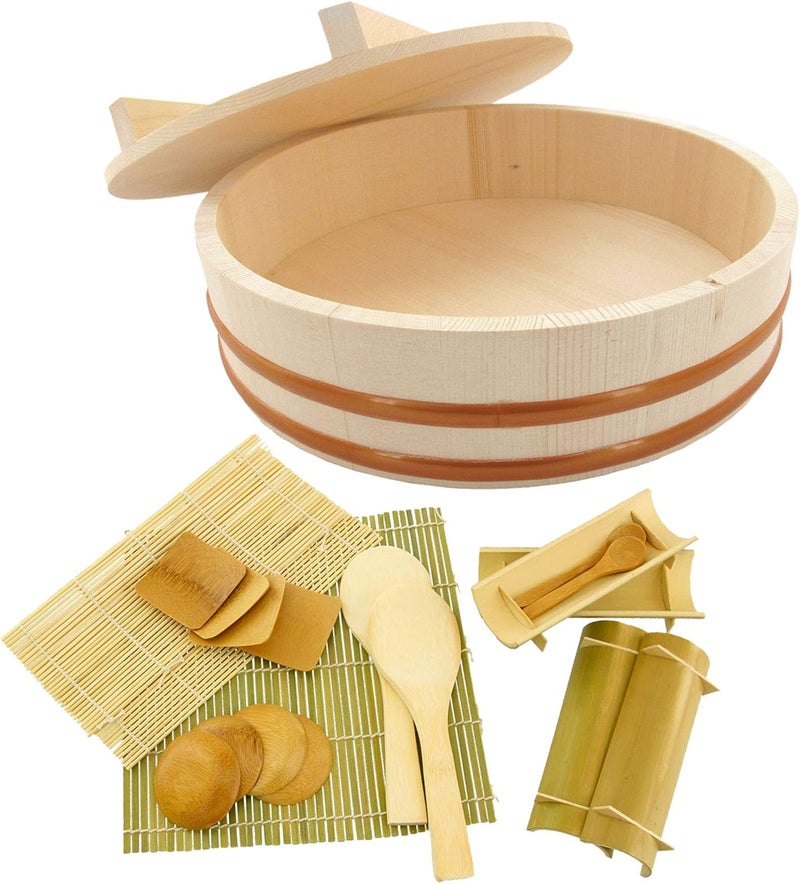 BambooMN BambooMN 153 Hangiri Oke Sushi Rice Cooling BowlTub with Lid 19 Pieces Making Serving Accessory Kit  Jumbo  - Image 1