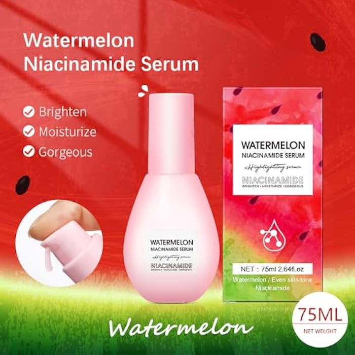 Yeweian Watermelon Niacinamide Moisturize Serum for Face Skin Care, Hydrating & Brighten with Hyaluronic Acid, Glycerin and Vitamin E, Lightweight Facial Serum & Priming Liquid Highlighter(75ml) - Image 2