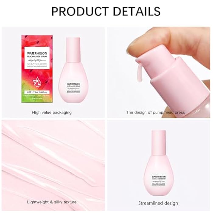 Yeweian Watermelon Niacinamide Moisturize Serum for Face Skin Care, Hydrating & Brighten with Hyaluronic Acid, Glycerin and Vitamin E, Lightweight Facial Serum & Priming Liquid Highlighter(75ml) - Image 4