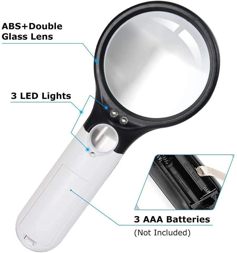 SCHUBERT 3 LED Light 3X & 45x Handheld Magnifier, Reading Magnifying Glass Lens Jewelry Loupe, Book and Newspaper Reading, Insect and Hobby Observation, Classroom Science Magnifier Glass with Light - Image 2