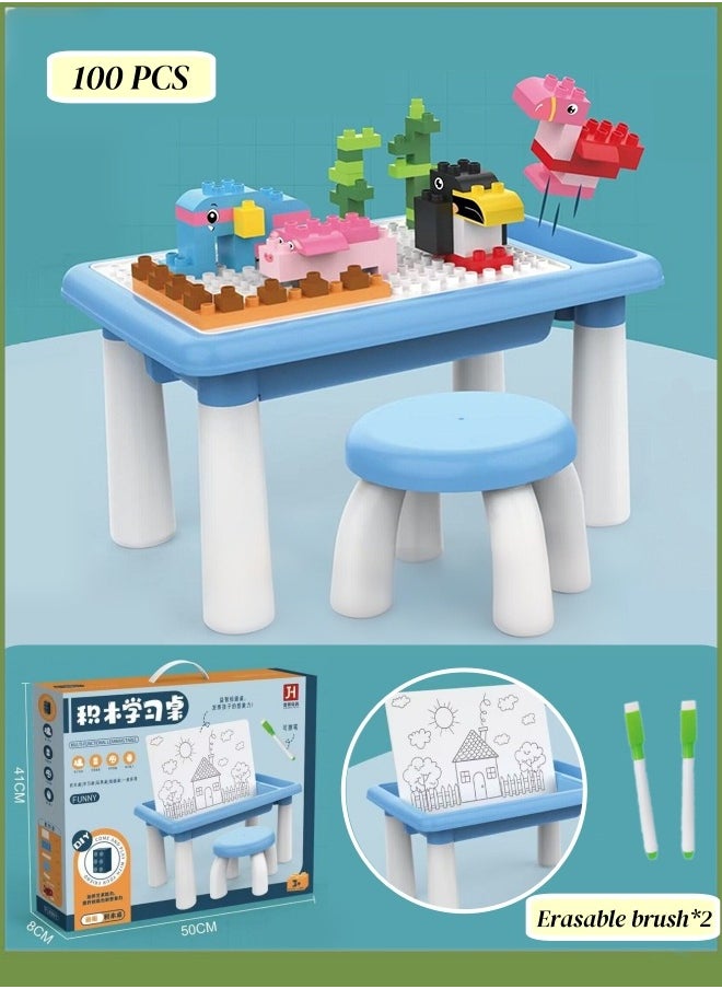 Multi-functional block learning table parent-child interaction puzzle DIY building large particles block toy table (contains DIY block particles 100Pcs and erasable paintbrush two)  - Image 1